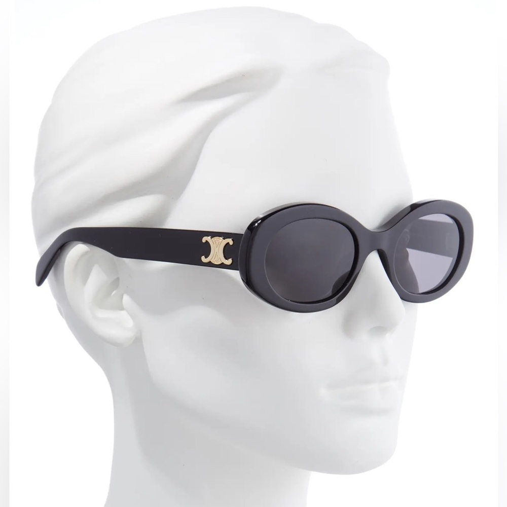 Celine 52mm Triomphe Oval Sunglasses in Shiny Solid Black Smoke